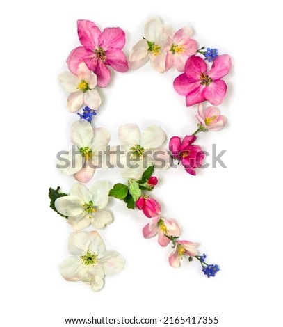 Letter R of flowers apple tree and blue wildflowers forget-me-nots on white background. Top view, flat lay Stok fotoğraf © 
