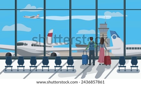 Passengers waiting in airport terminal with Luggage and backpack while waiting for the flight.  Vector Illustration of Modern Airport Lounge. Travel, tourism, flying concepts.