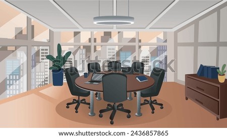 Vector illustration of empty modern corporate meeting room, interior view. Cartoon style conference room with a round table and chairs. Business, communication concepts.