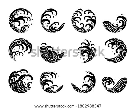 Set of Japanese water wave tattoo oriental silhouette style vector illustration.