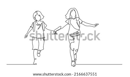 one line drawing of friend enjoy school by holding hands running : back to school concept vector illustration