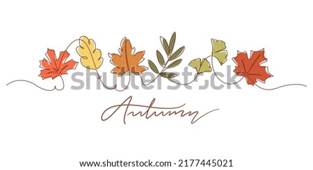 One line drawing of autumn leaf. Autumn script font and leaves isolated on white background vector illustration. 