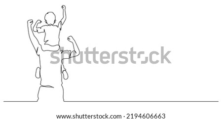 father and son on his shoulders piggyback with happiness pose action vector illustration. Continuous line drawing