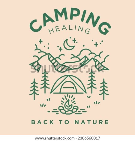 camping healing vintage monoline scene illustration include tent,bonfire,mountain,moon night vector