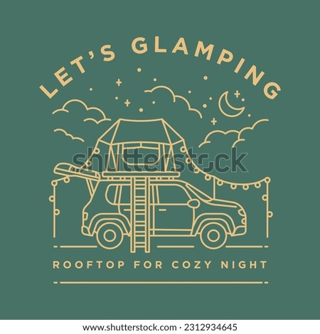 glamping camp rooftop car tent vintage monoline vector illustration concept for travel,tourism,logo,vacation