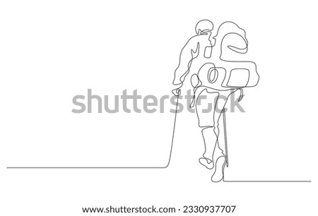man walking trekking hiking with backpacking and trekking sticks in continuous line drawing vector illustration
