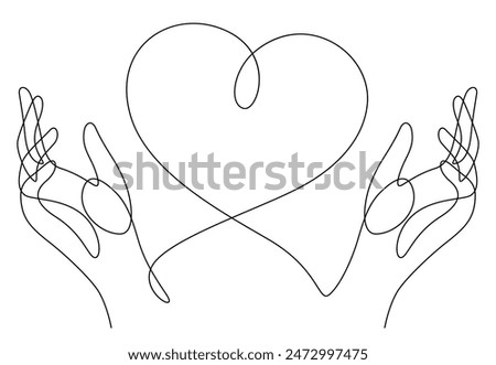 love caring two hands and heart shape one line drawing vector illustration