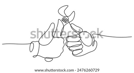 hand of customer with maintenance service trusting one line drawing. right hand holding wrench mechanic with confidence thumb up