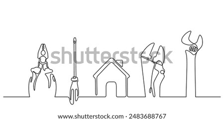 working tools craftsman top view continuous line drawing minimalism background