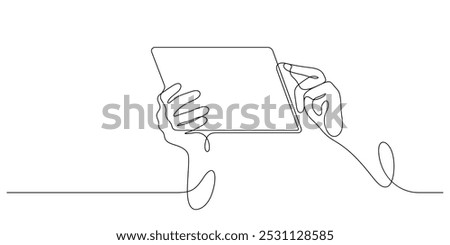 hand using tablet one line drawing continuous vector illustration working and communication