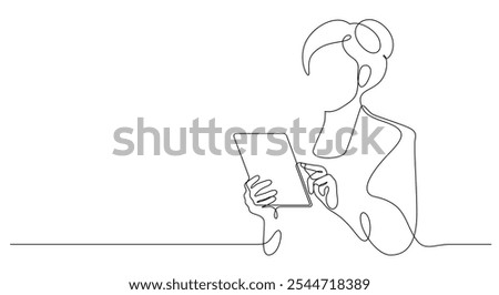 businesswoman using digital tablet portrait posing advertising one line drawing continuous minimalism