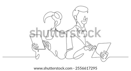 man and woman using digital tablet portrait business posing advertising one line drawing continuous minimalism