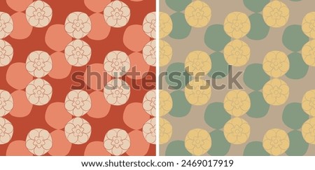 Retro seamless Japanese plum blossom pattern, minimal line art and circle element for textile and gift wrapping