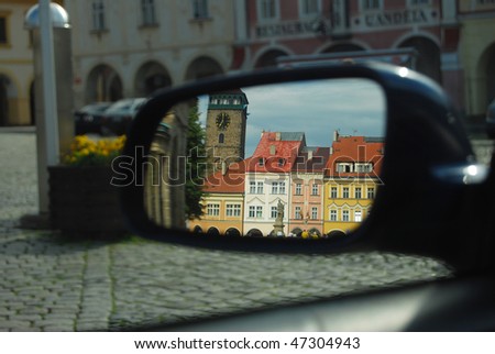 Czech republic, Bohemian Paradise, Jicin - main square in driving mirror