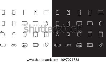 Flat outlined icons set with modern phones, tablets, screens and other devices