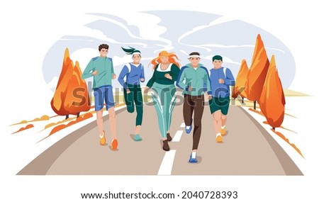 Marathon racing group - flat cartoon modern vector illustration of running men and women in autumn rural road. Open area. Creative landing page design template, web banner 