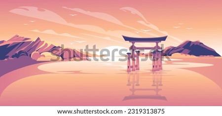 sunset landscape with japanese torii in water and mountains. Pink, orange and purple gradient. Vector illustration