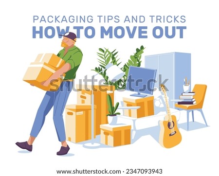 moving things, a man carrying paper boxes on the background of things in an apartment. The concept of a professional house move. Vector flat illustration