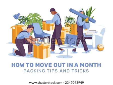 moving household items, moving and storing apartment items. Professional men's moving team. Paper boxes, furniture, plants, monitor, books. Vector flat illustration
