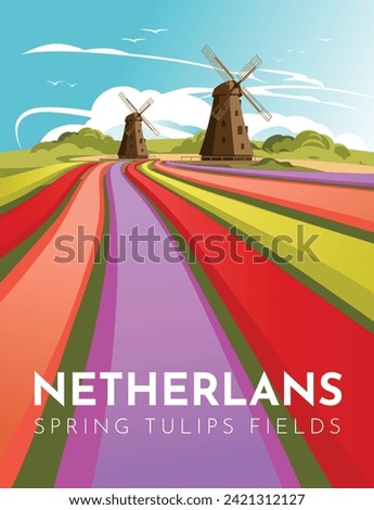 Traditional landscape of the Netherlands. Tulip fields and old windmills. European tourism and travel poster. Vector illustration