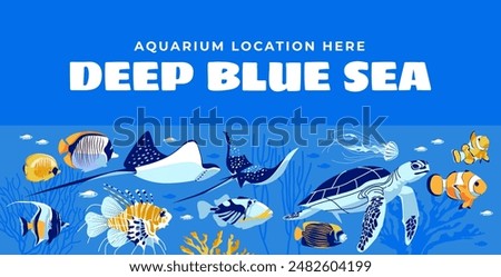 Set of coral reef marine animals. Blue under water. Design with text. Aquarium, snorkeling and diving. Vector flat illustration