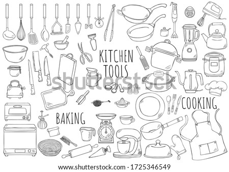 Hand drawn illustration kitchen tools. 