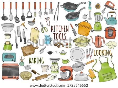 Hand drawn water color illustration kitchen tools. 