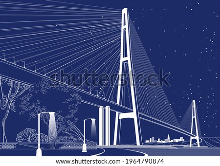 Large cable-stayed bridge, traffic on a night road. Lanterns shine on the embankment under the bridge. A city is visible in the distance. Vector design art.