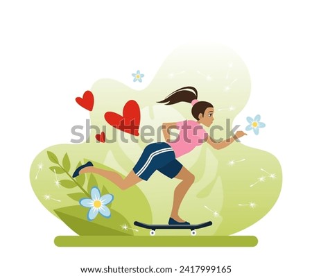 The girl, pushing off with her foot, accelerates rapidly on a skateboard. A summer sport is skateboarding. An active type of outdoor recreation in the park. Flat vector illustration in cartoon style