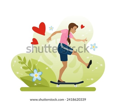 A girl with pigtails pushes off with her foot while riding a skateboard. Skateboarding is a summer sport. An active type of outdoor recreation in the park. Flat vector illustration in cartoon style