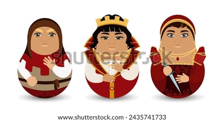 A set of three the Tilting Toy. Medieval characters of different social levels. Design tilting toy. Modern kawaii dolls for your business project