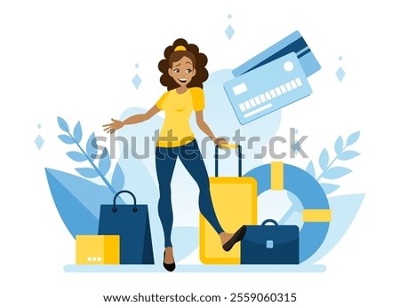 A young energetic girl is preparing for a journey. The concept of planning a vacation using payment cards with payment worldwide. Flat vector illustration