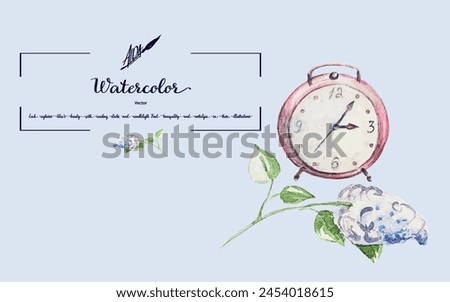 Vector watercolor illustration featuring red clocks paired with a lilac branch. This composition adds a touch of elegance to any printed material.