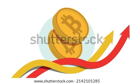 Two gold volume coins of the digital virtual crypto currency bitcoins and two intertwining arrows pointing upwards orange and red. Trend Up movement growth
