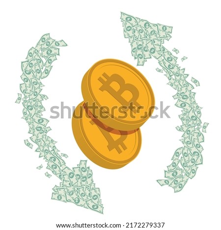 image of cyclic arrows, which are designed in the form of dollar bills with a bitcoin icon on a white background. bitcoin up and down cycle