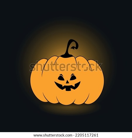 Illustration of an evil smiling orange Halloween pumpkin with four sharp black teeth and frowning black eyebrows and eyes with yellow shadow on a dark gray background. Halloween Jack O Lantern. 