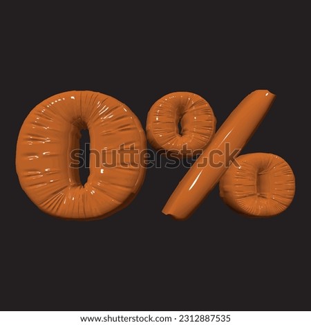 Inflated plastic square illustration of volumetric glossy deformed 3D render of orange number 0% on white gradient background. Balloon metallic number. Vector EPS 10