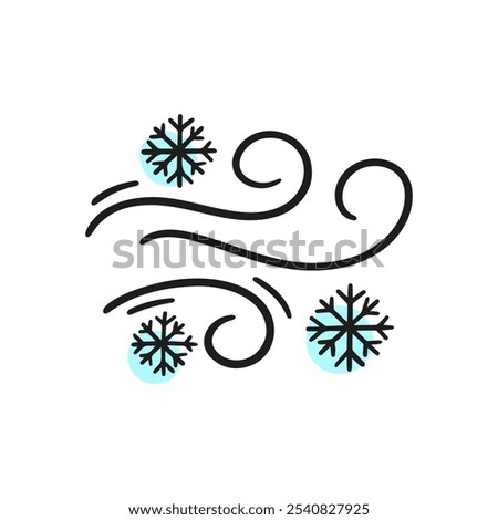 Minimalist icon illustration of swirling winter breeze with snowflakes, representing cold weather, winter season, and snowfall. Ideal for seasonal, climate, and weather-related designs