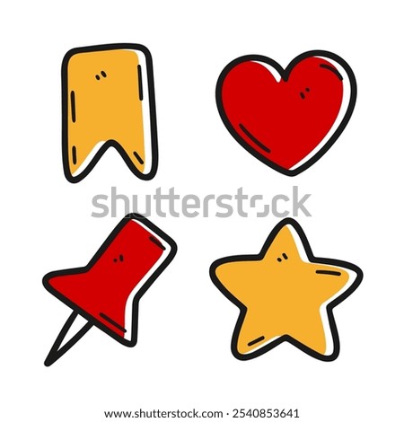 A playful set of hand drawn doodle icons including a bookmark, heart, pin, and star. Ideal for web design, app interfaces, and social media elements. Simple and charming illustrations