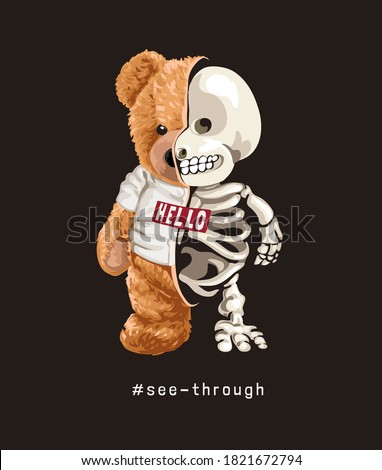 bear toy in t shirt half skeleton illustration on black background