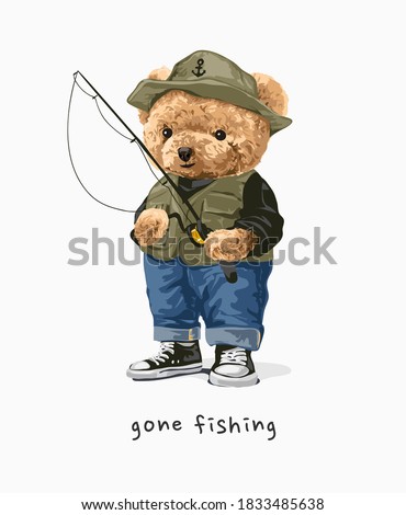 gone fishing bear doll with fishing rod illustration