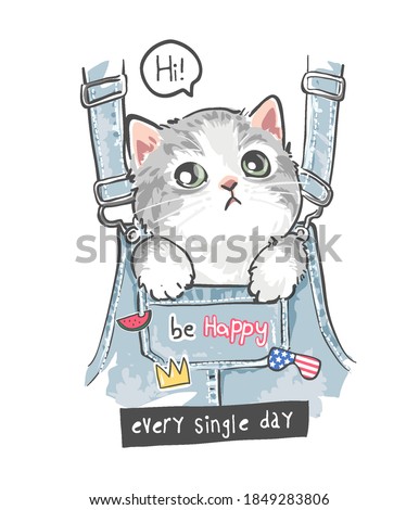cute little kitten in front overalls pocket and colorful cute icons illustration