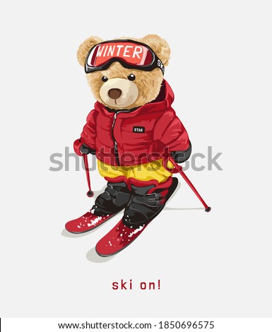 ski on  with bear doll on ski costume illustration
