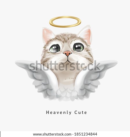 heavenly cute slogan with cute angel cat with gold halo illustration