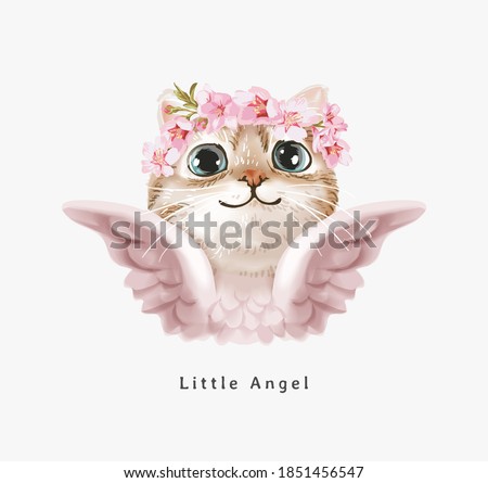 little angel slogan with cute angel cat in floral crown illustration