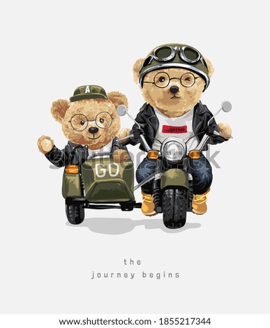 journey begins slogan with bear doll couple riding vintage sidecar motorcycle illustration