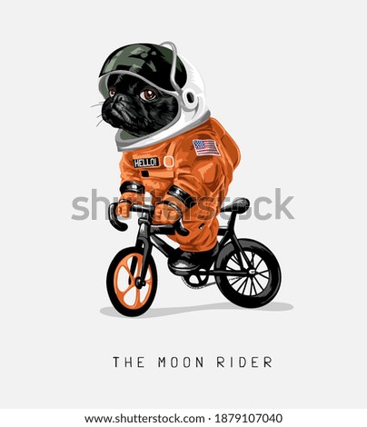 moon rider slogan with cartoon black dog in astronaut uniform riding bicycle illustration