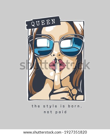 typography slogan with comic cartoon girl in sunglasses shh gesture illustration