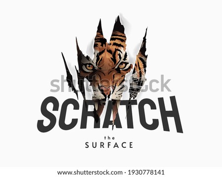 scratch the surface slogan with tiger face in claw mark illustration