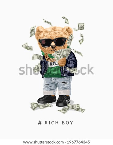 rich boy slogan with fashion bear doll in sunglasses and flying money vector illustration